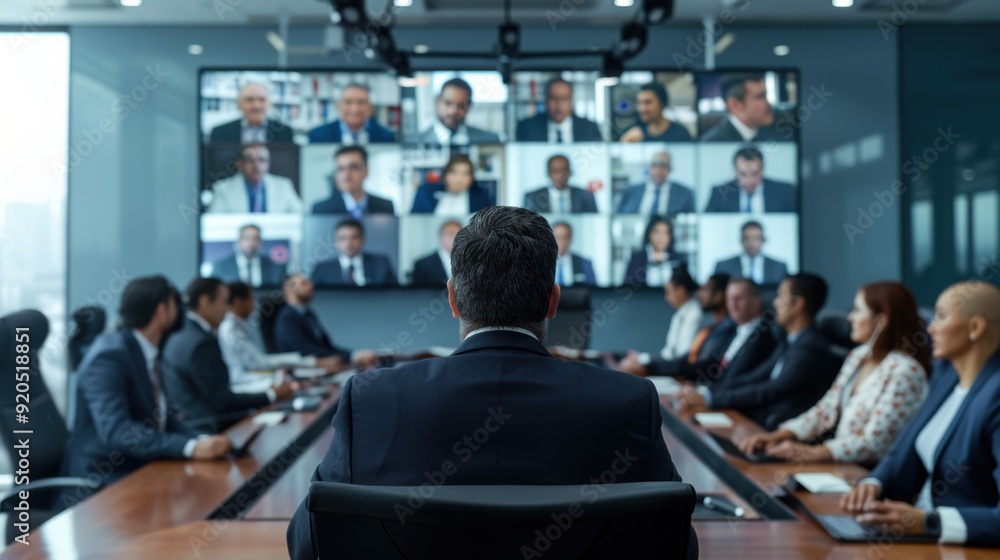 A businessman sits at the head of a conference table in an office, surrounded by businessmen in suits, with a large monitor hanging above. A businessman sits at the head of a conference table in an office, surrounded by businessmen in suits, with a large monitor hanging above.