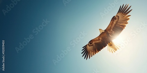 A close up of a majestic bald eagle soaring high in the sky 