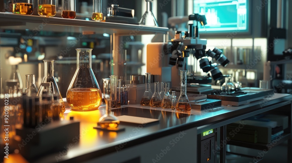 A lab bench filled with glassware, including test tubes and beakers, alongside high-tech instruments, representing precise scientific research. A lab bench filled with glassware, including test tubes and beakers, alongside high-tech instruments, representing precise scientific research.