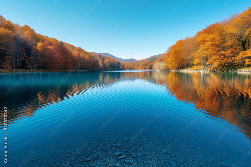 Obraz premium A large lake surrounded by autumn mountains with colorful foliage