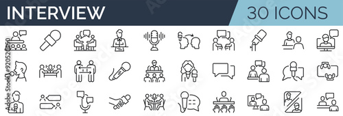 Set of 30 outline icons related to interview. Linear icon collection. Editable stroke. Vector illustration
