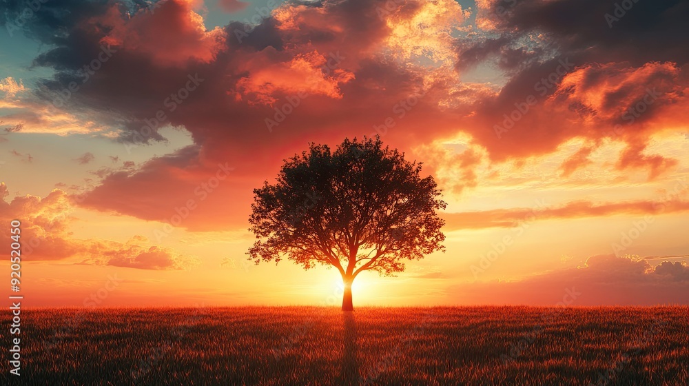 A lone tree stands silhouetted in an open field, framed by the warm, vibrant hues of a setting sun in the sky. A lone tree stands silhouetted in an open field, framed by the warm, vibrant hues of a setting sun in the sky.