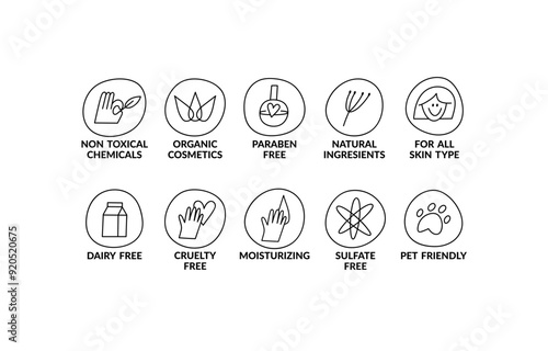 Vector set linear icons, logos or labels for natural and organic products. Outline symbols for food and cosmetics