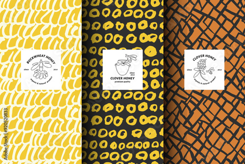 Vector illustration set of templates contemporary abstract cover and patterns for honey packaging with labels. Minimal modern backgrounds