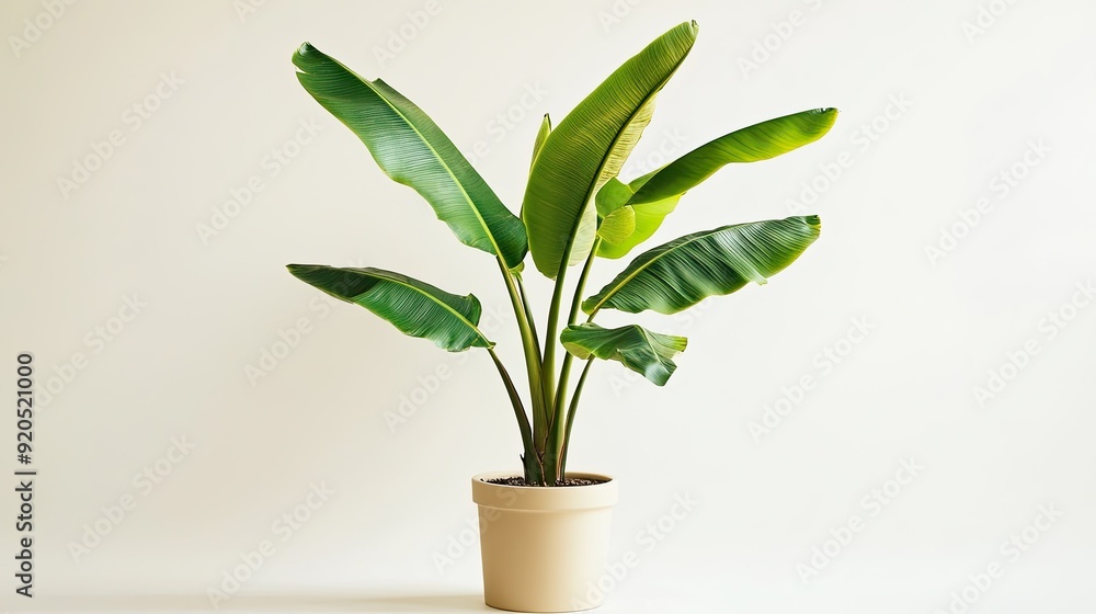 A mature banana plant in a pot, with wide, green leaves, standing out against a minimalist white background. A mature banana plant in a pot, with wide, green leaves, standing out against a minimalist white background.
