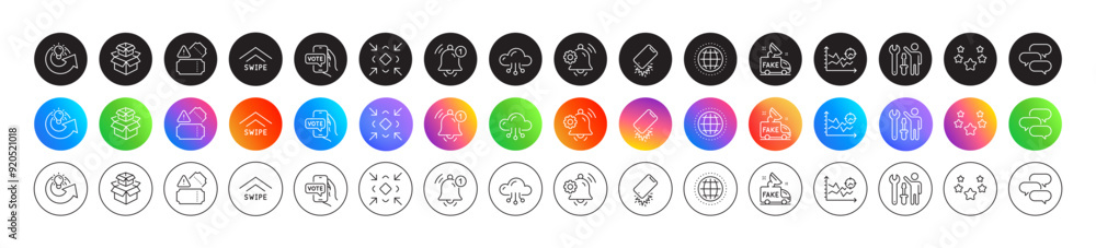 Online voting, Talk bubble and Tickets line icons. Round icon gradient buttons. Pack of Stars, Smartphone broken, Globe icon. Notification bell, Fake news, Swipe up pictogram. Vector Online voting, Talk bubble and Tickets line icons. Round icon gradient buttons. Pack of Stars, Smartphone broken, Globe icon. Notification bell, Fake news, Swipe up pictogram. Vector