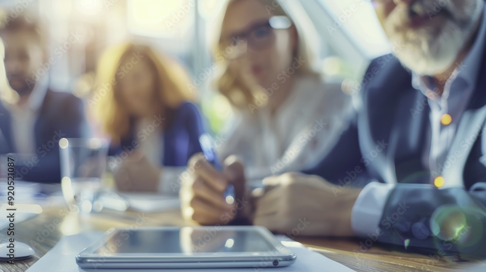 Tablet on a Desk with Blurred Businesspeople Tablet on a Desk with Blurred Businesspeople