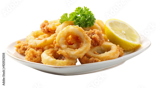 A piece of fried calamari with a light, crispy batter and tender, succulent squid inside.
