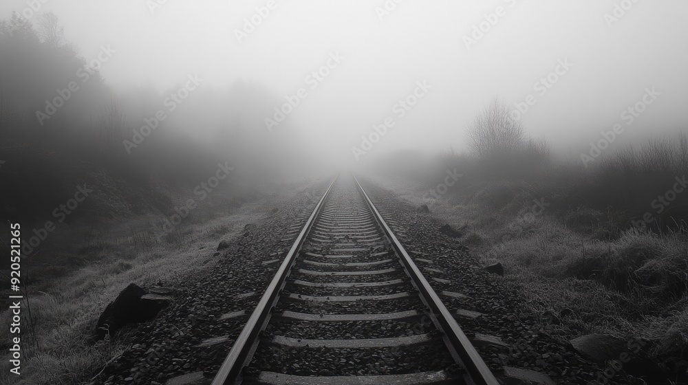 Fototapeta premium A misty railway track fading into the foggy distance, evoking feelings of isolation, mystery, and anticipation.