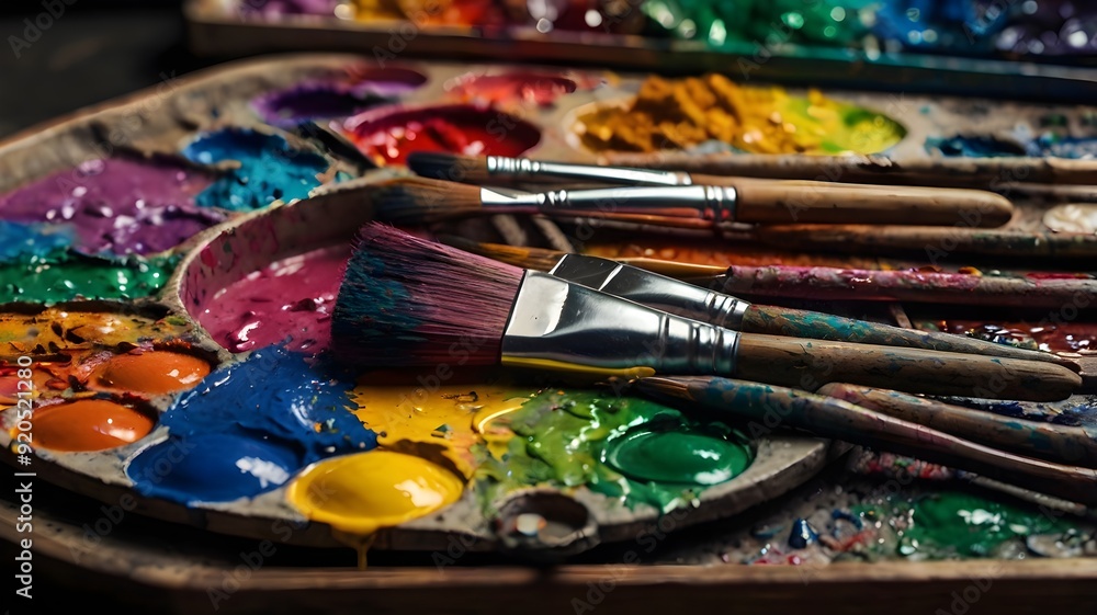 Detailed view of an artist's palette with colorful paints and brushes
Detailed view of an artist's palette with colorful paints and brushes
