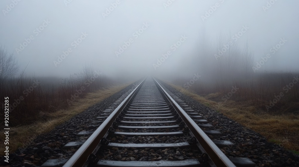 A misty railway track fading into the foggy distance, evoking feelings of isolation, mystery, and anticipation. A misty railway track fading into the foggy distance, evoking feelings of isolation, mystery, and anticipation.