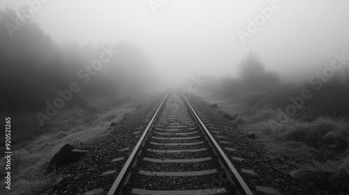 A misty railway track fading into the foggy distance, evoking feelings of isolation, mystery, and anticipation.