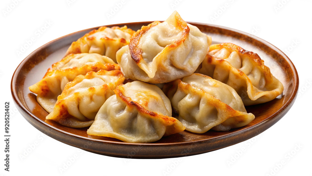 A plate of fried dumplings with a golden-brown, crispy exterior and a juicy filling. A plate of fried dumplings with a golden-brown, crispy exterior and a juicy filling.
