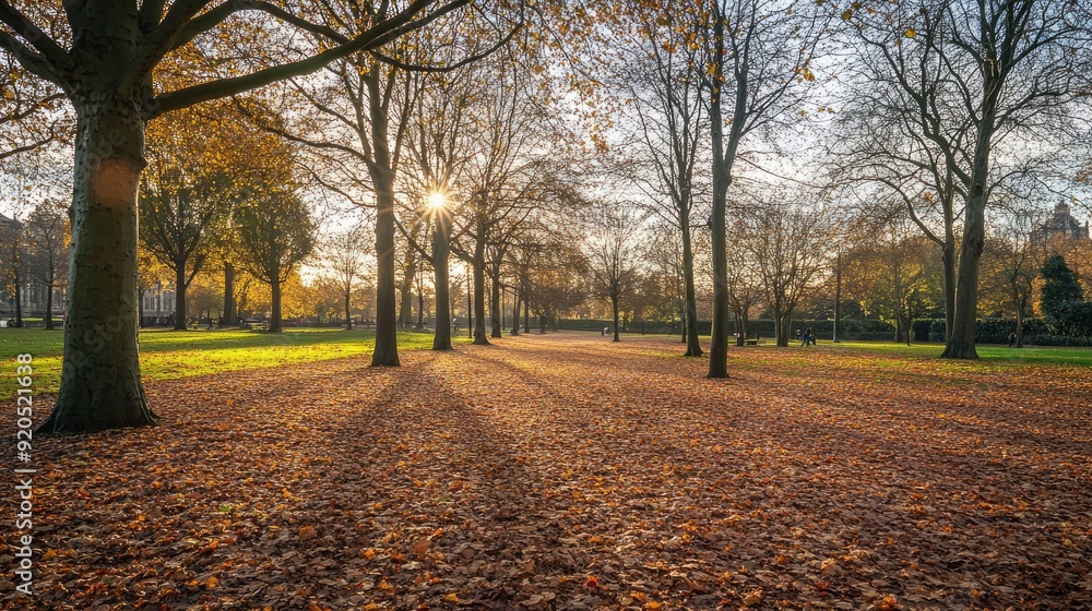 Naklejka premium A picturesque autumn park with bare trees and fallen leaves scattered across the ground, bathed in the soft glow of autumn light.