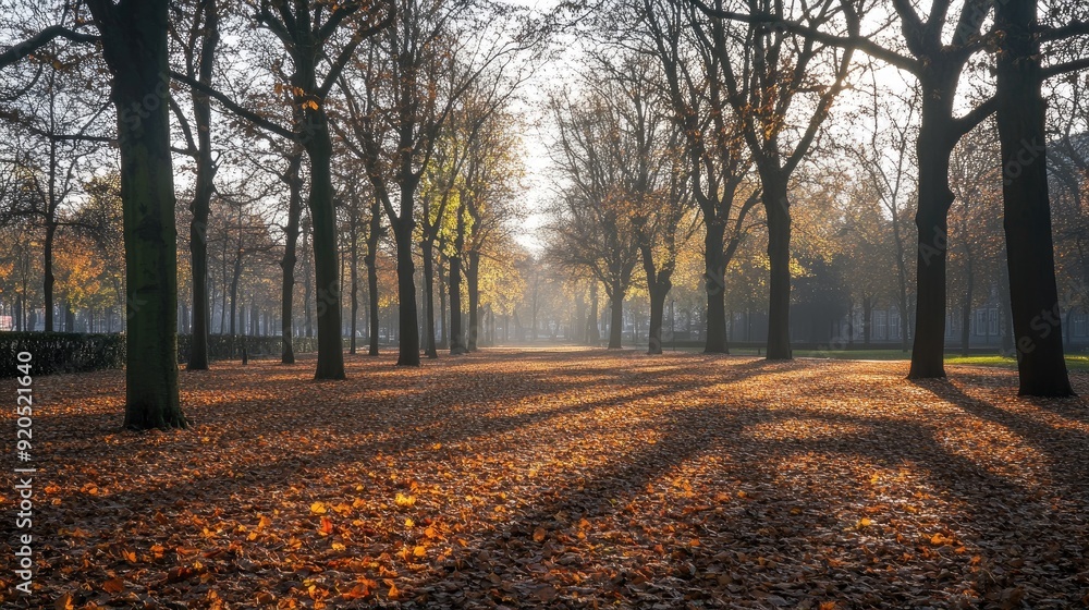 Obraz premium A picturesque autumn park with bare trees and fallen leaves scattered across the ground, bathed in the soft glow of autumn light.