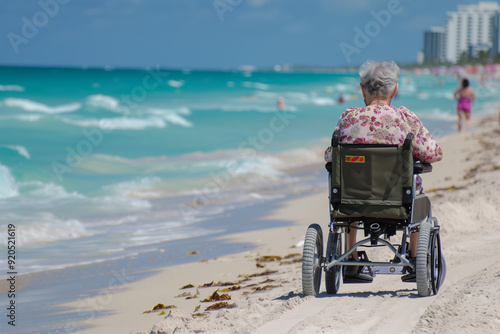 Elderly woman in electric wheelchair on the ocean shore