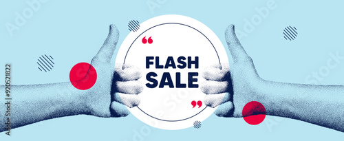 Hands showing thumb up like sign. Flash Sale tag. Special offer price sign. Advertising Discounts symbol. Flash sale round frame message. Grain dots hand. Like thumb up sign. Vector