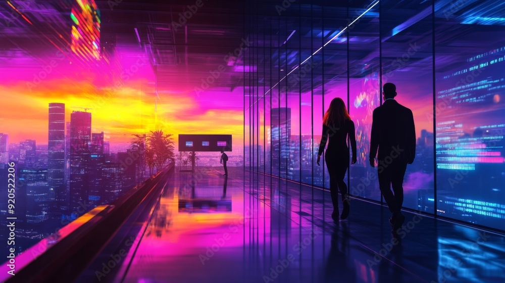Silhouettes of two figures walking in a futuristic cityscape Silhouettes of two figures walking in a futuristic cityscape