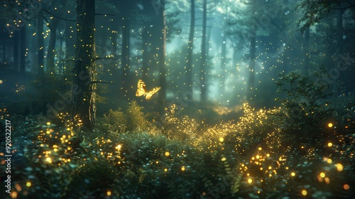 Enchanted Forest with Glowing Fireflies and Butterfly at Twilight