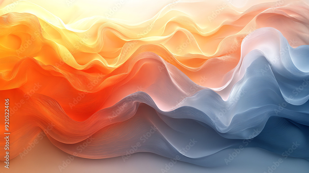 Obraz premium An abstract painting with flowing, wavy lines in shades of orange, yellow, and blue.