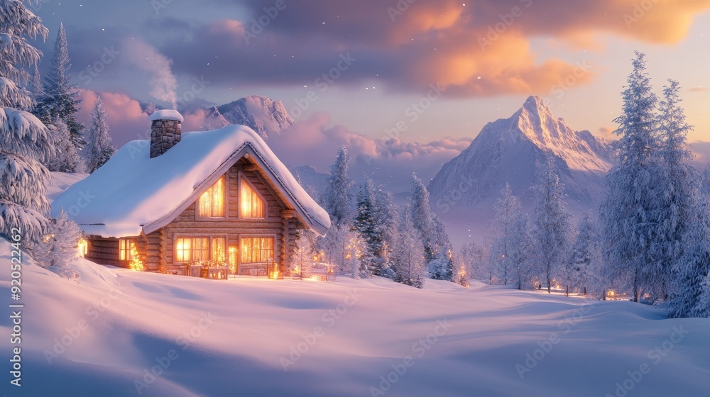 A quaint, snow-covered mountain cabin, with warm lights glowing inside, surrounded by a peaceful winter landscape. A quaint, snow-covered mountain cabin, with warm lights glowing inside, surrounded by a peaceful winter landscape.