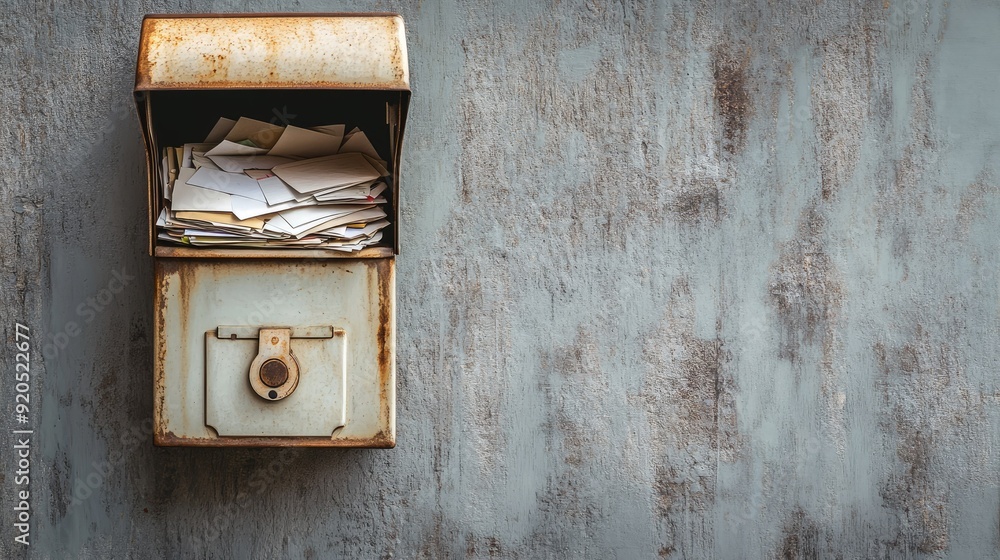 A retro-style mailbox with its door ajar, revealing a heap of letters inside, positioned against a neutral, textured background. A retro-style mailbox with its door ajar, revealing a heap of letters inside, positioned against a neutral, textured background.