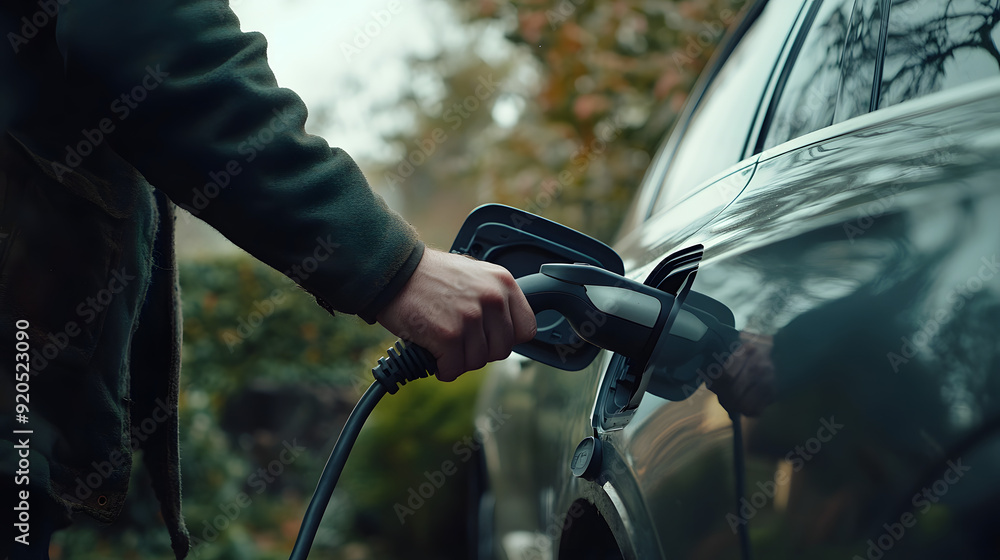 car with an ev electric charging plug hooked up to a man's hands car with an ev electric charging plug hooked up to a man's hands