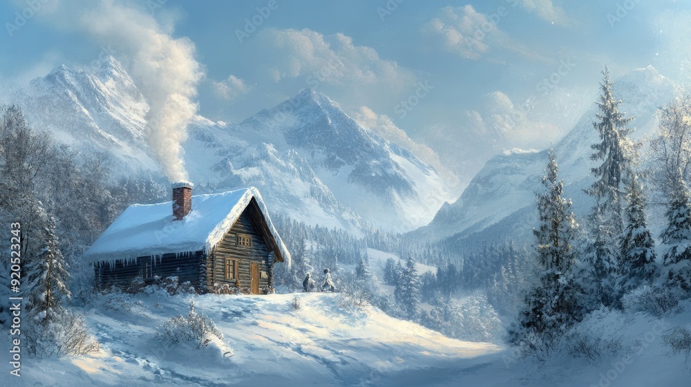 Fototapeta premium A snow-blanketed mountain cabin with smoke curling from the chimney, creating a warm and inviting winter scene.