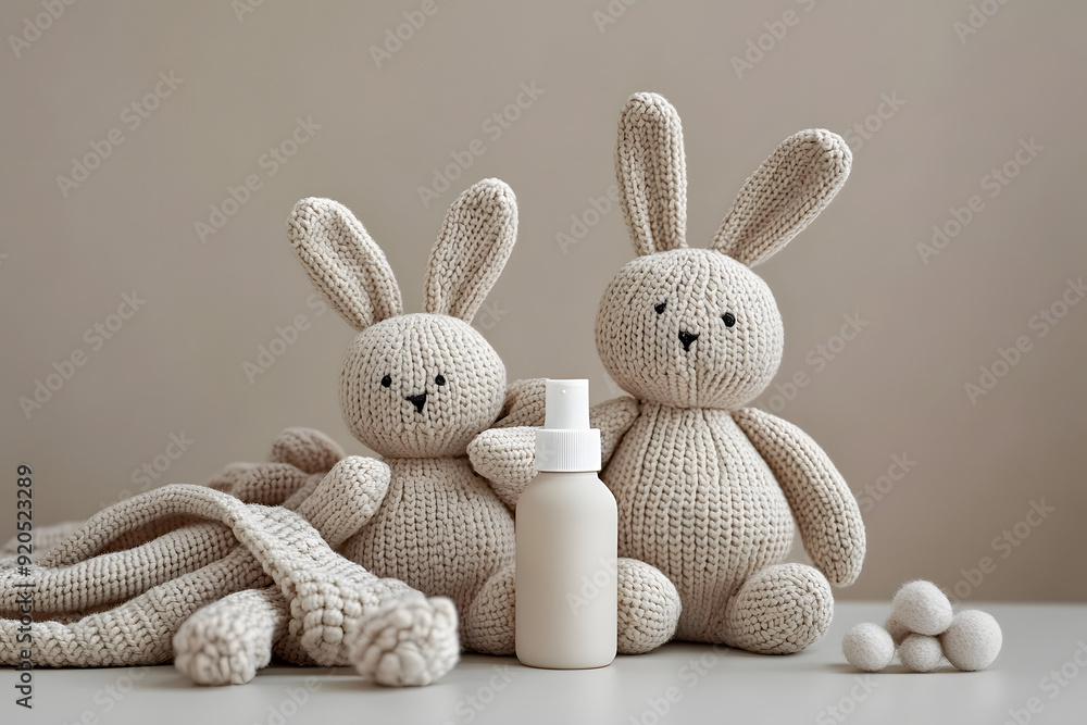 Fototapeta premium Beige Knitted Bunny Toys with Lotion Bottle on Neutral Background