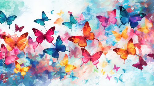 Vibrant and colorful background with butterflies. Colorful wallpaper. Dynamic effect.