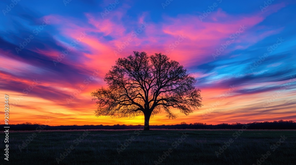 A solitary tree silhouetted against a wide, colorful sky, capturing the beauty of nature in a tranquil, open field. A solitary tree silhouetted against a wide, colorful sky, capturing the beauty of nature in a tranquil, open field.