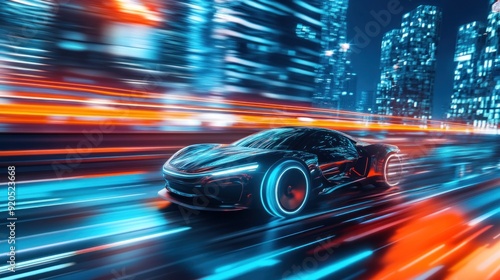 Futuristic Sports Car speeding through City