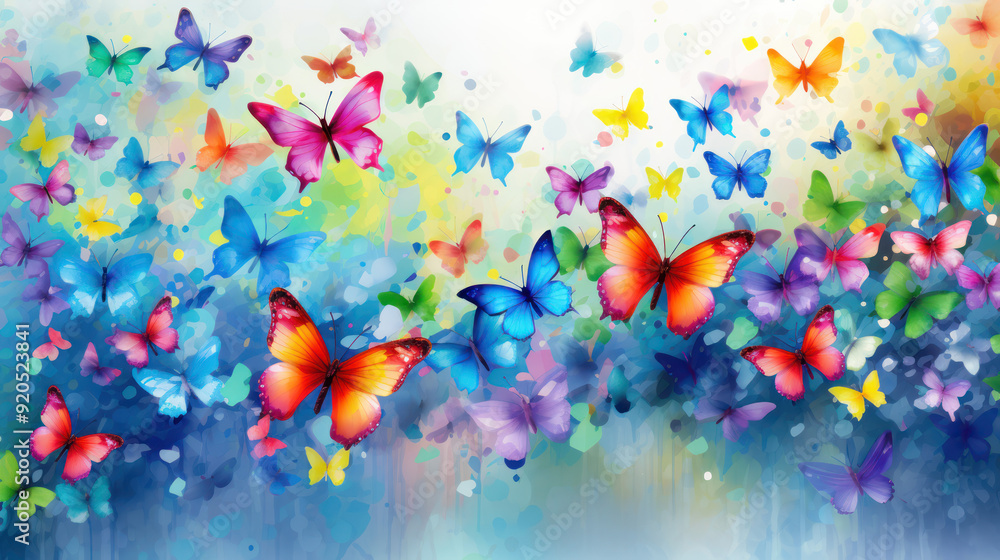 Fototapeta premium Vibrant and colorful background with butterflies. Colorful wallpaper. Dynamic effect.