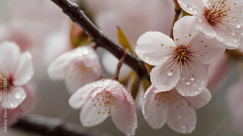 Detail of a cherry blossom in full bloom, with dew drops on the petals
Detail of a cherry blossom in full bloom, with dew drops on the petals