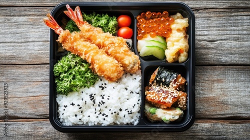A traditional Japanese bento box with rice, vegetables, and tempura, laid out on a wooden table, leaving space for text.