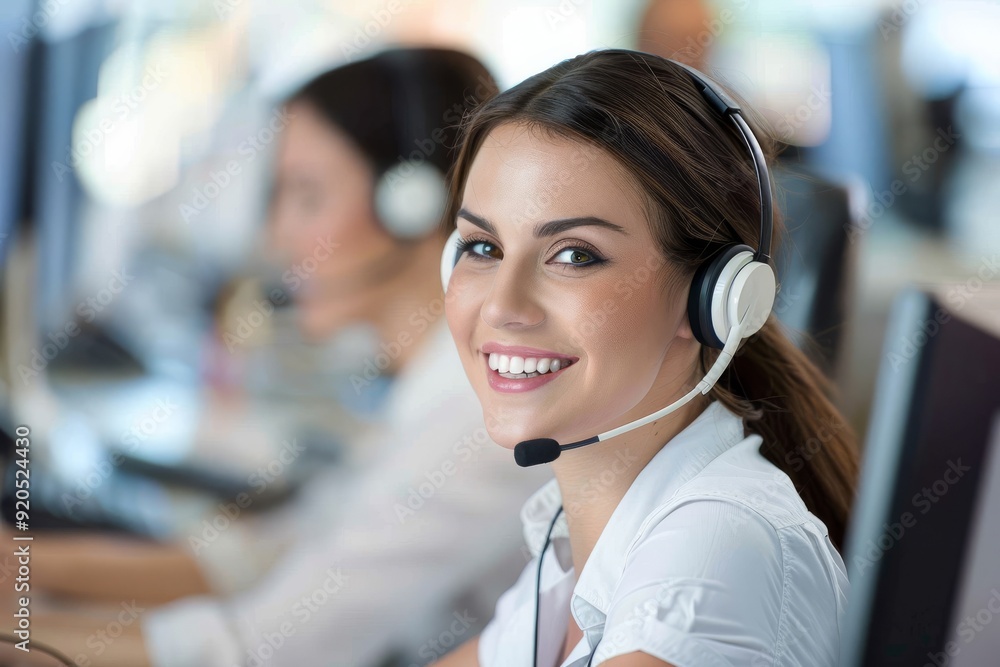 A woman in a call center, equipped with a headset, engaged in a conversation, assisting customers with their inquiries, AI generated A woman in a call center, equipped with a headset, engaged in a conversation, assisting customers with their inquiries, AI generated