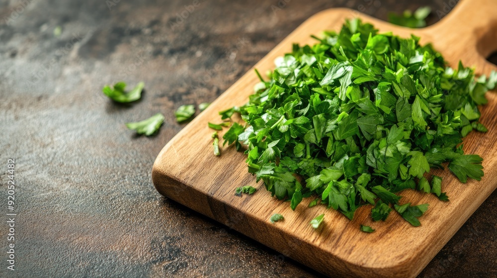 Freshly chopped parsley on a wooden cutting board with ample space around for your text. Freshly chopped parsley on a wooden cutting board with ample space around for your text.