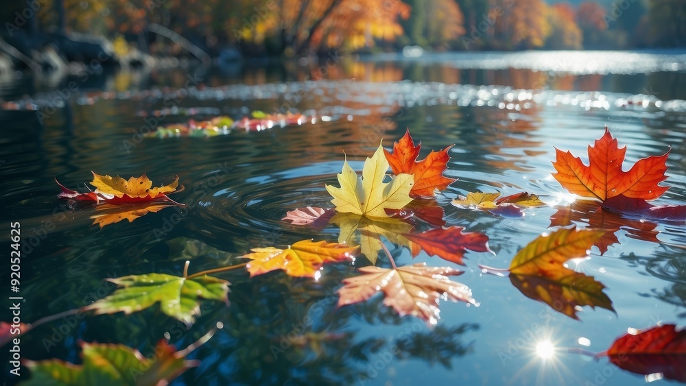 Colorful autumn leaves floating in a calm pond on a sunny day. Colorful autumn leaves floating in a calm pond on a sunny day.