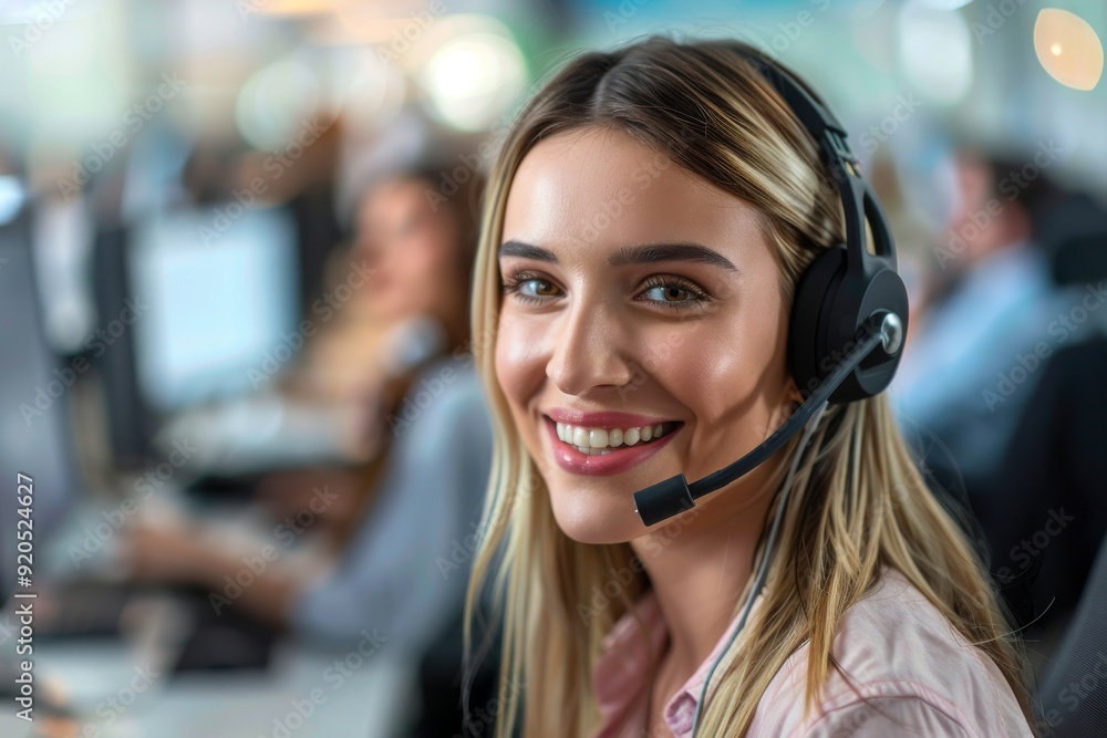 A woman in a call center, equipped with a headset, engaged in a conversation, assisting customers with their inquiries, AI generated A woman in a call center, equipped with a headset, engaged in a conversation, assisting customers with their inquiries, AI generated
