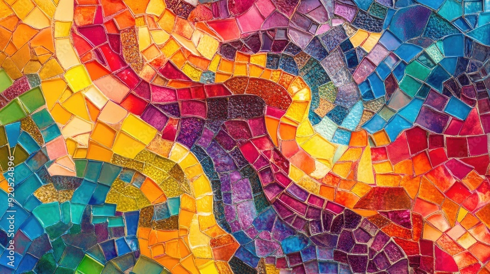 Fototapeta premium A vibrant mosaic of colorful tiles forming an intricate, abstract pattern, full of dynamic shapes and energy.