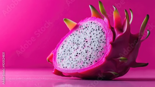 A vibrant dragon fruit cut open, displaying its bright pink peel and speckled interior, with a tropical feel in the background.