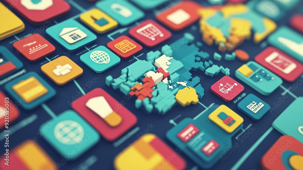 An online marketplace homepage featuring global categories, with a close-up on icons representing different regions. An online marketplace homepage featuring global categories, with a close-up on icons representing different regions.