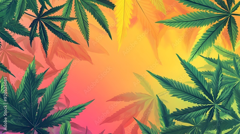 Marijuana leaves on a colorful background, close up top view on cannabis leaves and branches on colorful background for alternative medical and marketing design concept Marijuana leaves on a colorful background, close up top view on cannabis leaves and branches on colorful background for alternative medical and marketing design concept