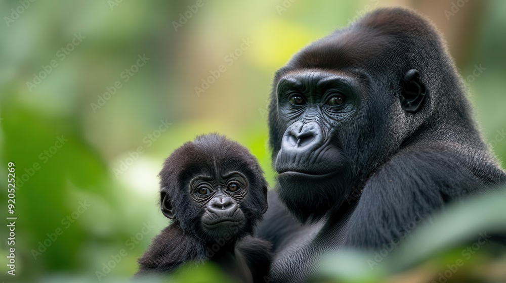 A captivating portrait of a mother gorilla with her young offspring, showcasing their bond in a lush, green habitat. A captivating portrait of a mother gorilla with her young offspring, showcasing their bond in a lush, green habitat.