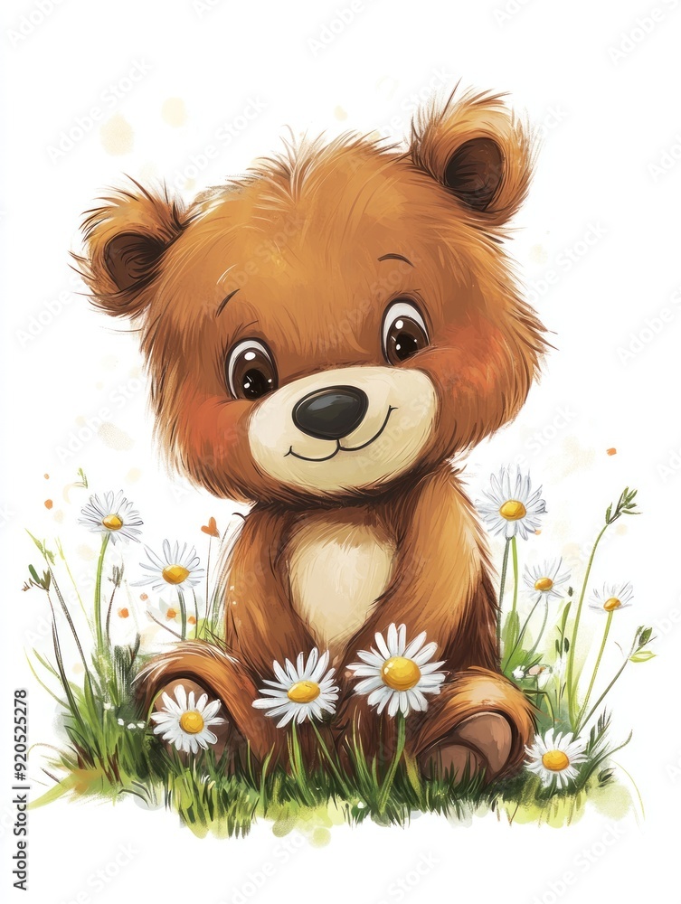 A cute cartoon brown bear cub with big eyes and a happy expression is sitting among the daisies. A cute cartoon brown bear cub with big eyes and a happy expression is sitting among the daisies.