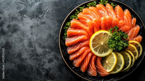 Top view of a platter of fresh sashimi slices arranged in a circular pattern with lemon and wasabi, leaving space for text.