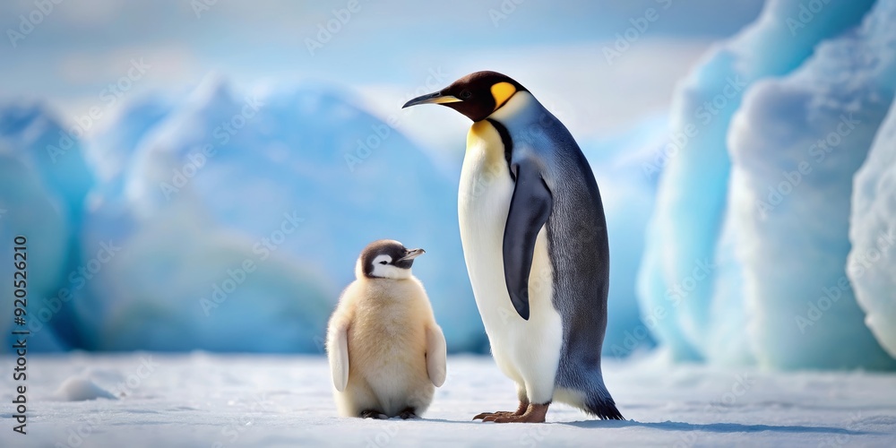 Fototapeta premium Penguin chick standing next to its mother in icy habitat, penguin, mother, chick, animal, wildlife, arctic, icy, habitat, family, nurturing