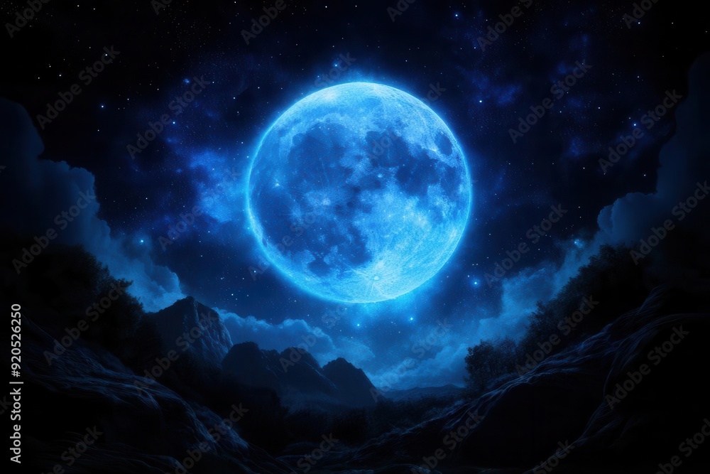 Fototapeta premium A stunning blue full moon shining brightly in a starry night sky over dark mountains, creating a magical atmosphere.