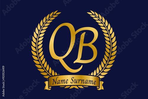 Initial letter Q and B, QB monogram logo design with laurel wreath. Luxury golden calligraphy font.