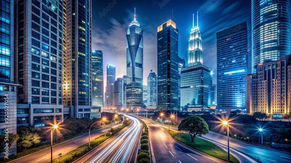 Fototapeta premium Night time cityscape with illuminated skyscrapers and streets, cityscape, modern, city, dusk, night, urban